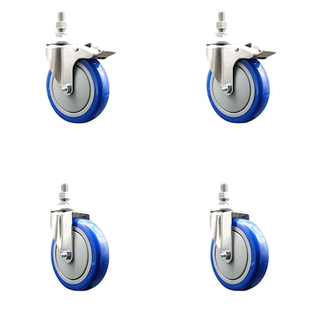 Service Caster 5 Inch 316SS Blue Polyurethane 10mm Threaded Stem Caster Lock Brake, 2PK SS316TSTTL20S514-PPUB-BLUE-M1015-2S2